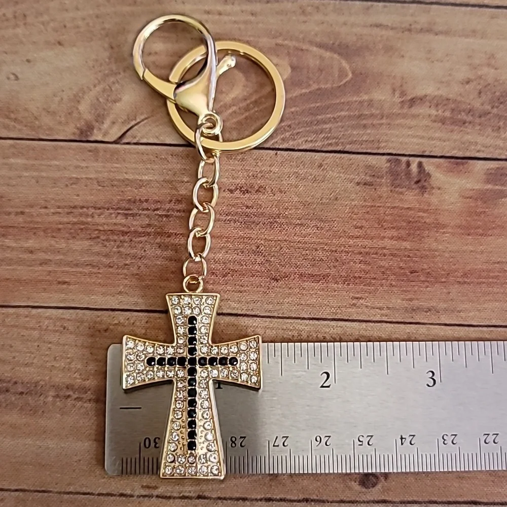 Rhinestone Black and Gold Toned Cross Keychain Keyholder